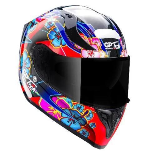 Imagem de Capacete Gp Tech V128 Com Viseira Solar  Flower Preto Azul 56 Brilho