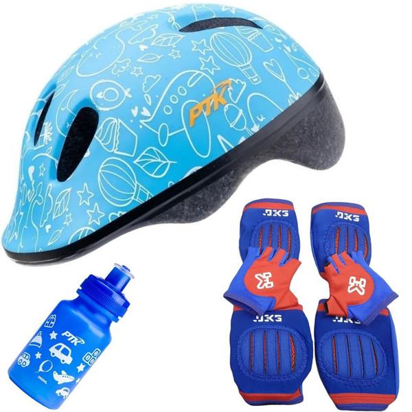 Imagem de Capacete Infantil Bicicleta + Joelheira + Cotoveleira + Luva + Garrafinha