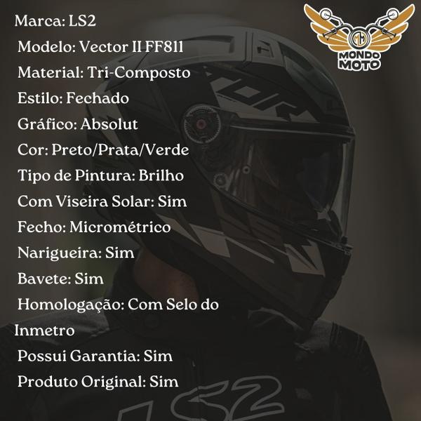 Imagem de Capacete LS2 Vector 2 FF811 Absolute - Preto/Prata/Verde 58/M