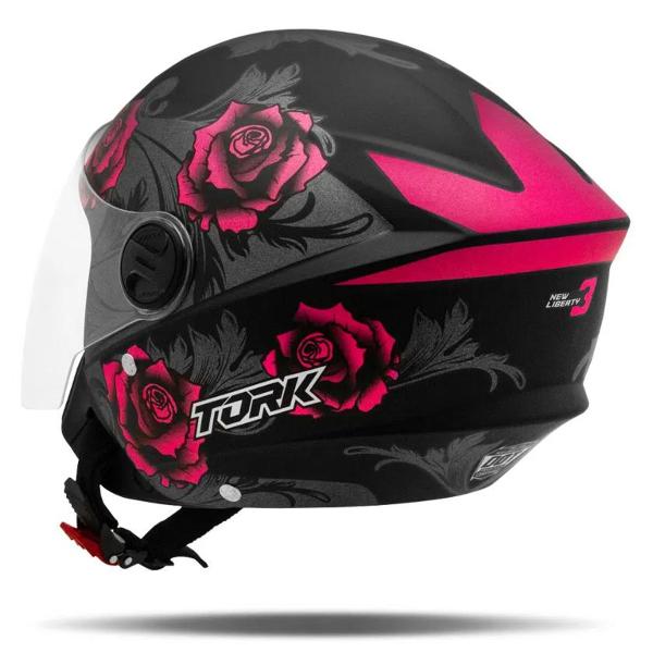 Imagem de Capacete Moto Aberto Preto Flores Rosa New Liberty Three Flowers Fosco Diversos Tamanhos + Capa de Chuva PVC