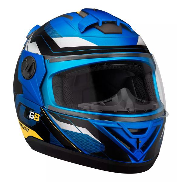 Imagem de Capacete Moto Fechado Azul com Amarelo G8 EVO Viseira Cristal Inmetro Tamanho 56 58 60 62 -  Pro Tork