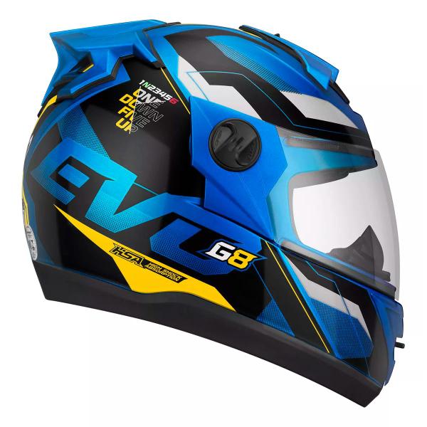 Imagem de Capacete Moto Fechado Azul com Amarelo G8 EVO Viseira Cristal Inmetro Tamanho 56 717AZAM -  Pro Tork