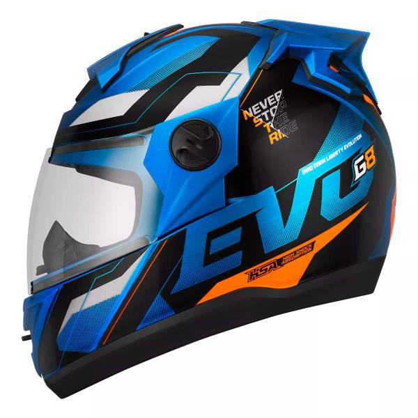 Imagem de Capacete Moto Fechado Azul com Laranja G8 EVO Viseira Cristal Inmetro Tamanho 56 58 60 62 - Pro Tork