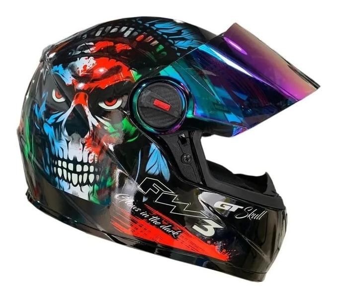 Imagem de Capacete Moto Fw3 Caveira Viseira Cristal Fumê E Camaleão 56