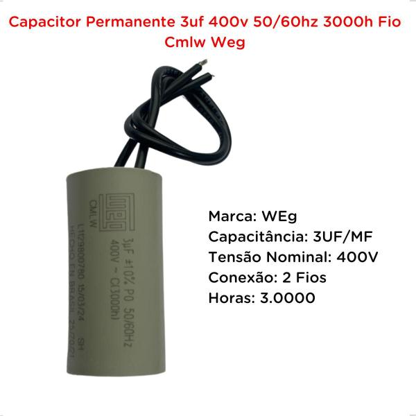 Imagem de Capacitor Permanente 3uf 400v 50/60hz 3000h Fio CMLW WEG