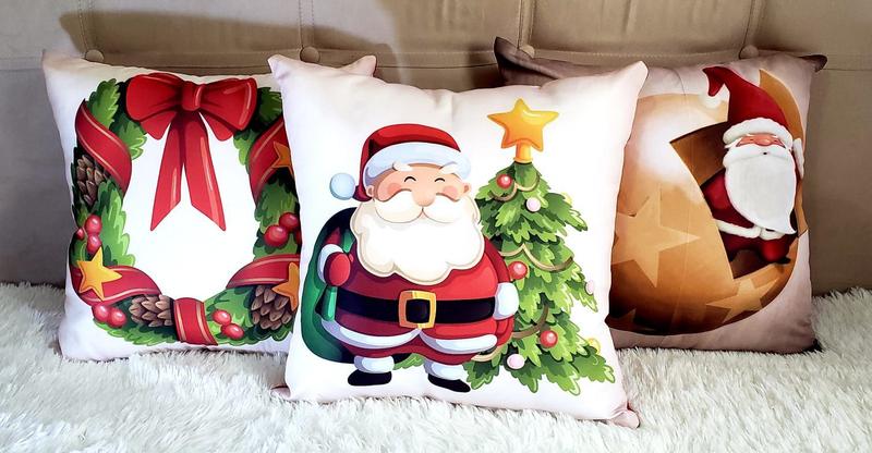 Imagem de Capas De Almofada Para Sala Quarto Kit 3 Peças Estampa  Papai Noel  Natal Natalinas Palha