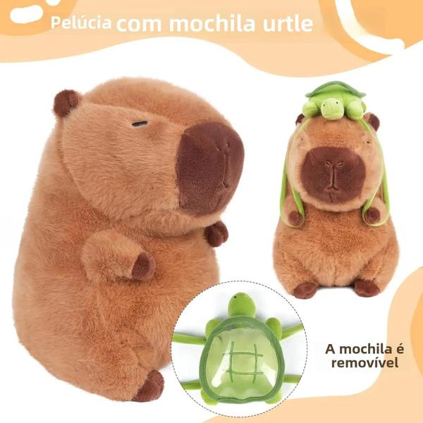 Imagem de Capivara de Pelúcia Marrom com Mochila de Tartaruga - Chaveiro Infantil