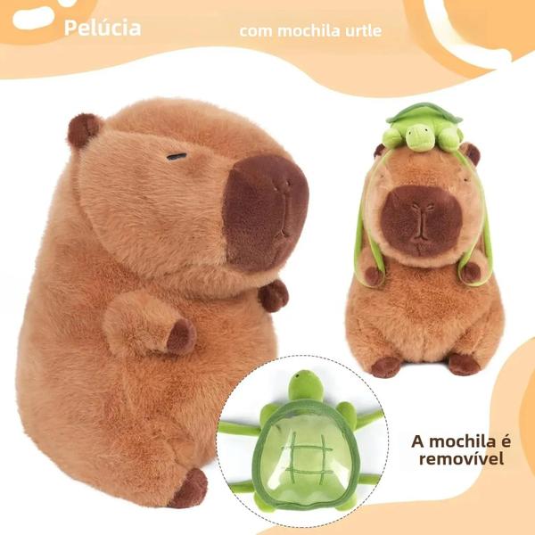 Imagem de Capivara Marrom Kawaii de Pelúcia com Mochila de Tartaruga - Chaveiro