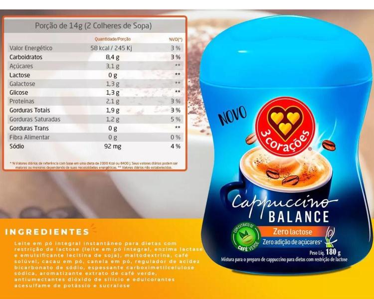 Imagem de Cappuccino Balance 3 Corações Zero Lactose Zero Açucar 180G