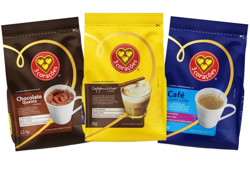 Cappuccino + Café + Chocolate Em Pó 3 Corações Vending - 1Kg - 3 Coracoes Imagem de Cappuccino + Café + Chocolate Em Pó 3 Corações Vending - 1Kg