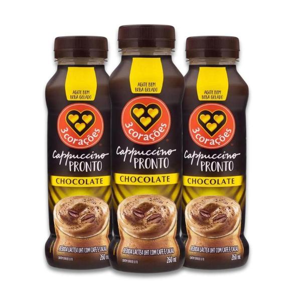 Imagem de Cappuccino Pronto Três Corações Chocolate Kit 3 Uni 260Ml