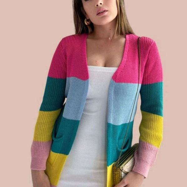 cardigan feminino tricot colorido listrado arco iris kimono cores