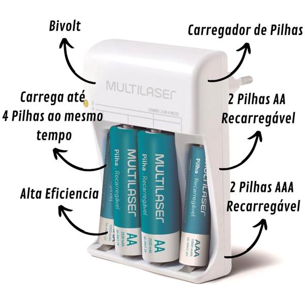 Imagem de Caregador de Pilhas Recarregáveis AAA e AA Bivolt Automatico Acompanha Pilhas