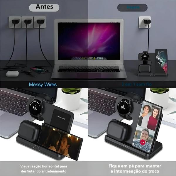 Imagem de Carregador 3 em 1 Samsung - Galaxy S23/S22/S21/Ultra/Note/Watch 5/4/Active/Buds - 15W Rápido