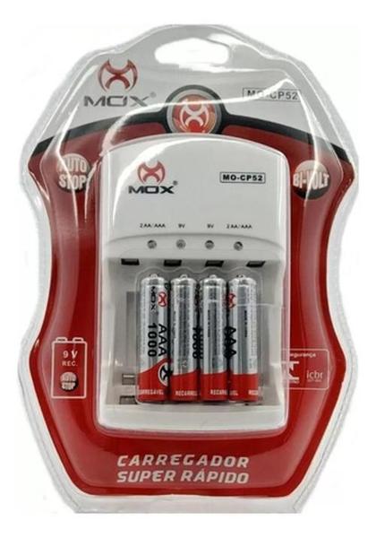 Imagem de Carregador Bateria Mox MO-CP52 c/4 AAA 1000mAh + 4 Pilhas