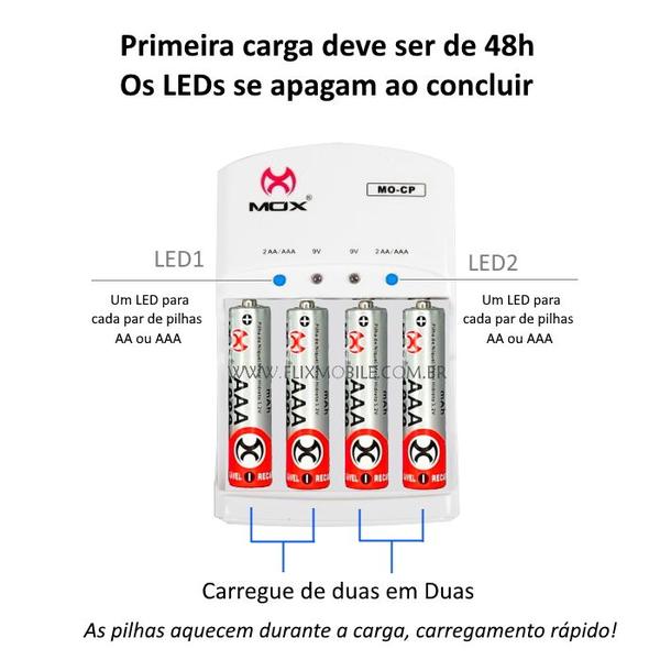 Imagem de Carregador Bivolt Auto Stop Carrega Pilhas Médias AA e Pilhas Palito AAA + 4 Pilhas AAA