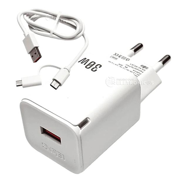 Carregador Carregamento Rápido P/ Galaxy A13, A14, A21 Simple 5v=3.1A 30w Type-C e Micro-USB LE296V - Lelong Imagem de Carregador Carregamento Rápido P/ Galaxy A13, A14, A21 Simple 5v=3.1A 30w Type-C e Micro-USB LE296V