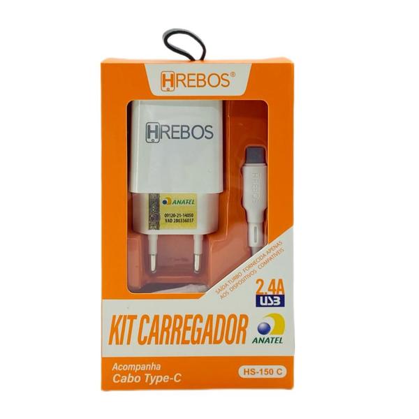 Carregador Completo Tipo C Fonte e Cabo 2.4A Branco Hrebos HS-150C Imagem de Carregador Completo Tipo C Fonte e Cabo 2.4A Branco Hrebos HS-150C