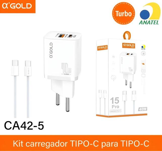 Imagem de Carregador Completo Turbo 40W Duas Entradas Cabo Tipo C A'Gold CA42-5