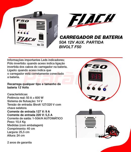 Imagem de Carregador de Bateria 50a 12v Aux. Partida Bivolt F50 Flach