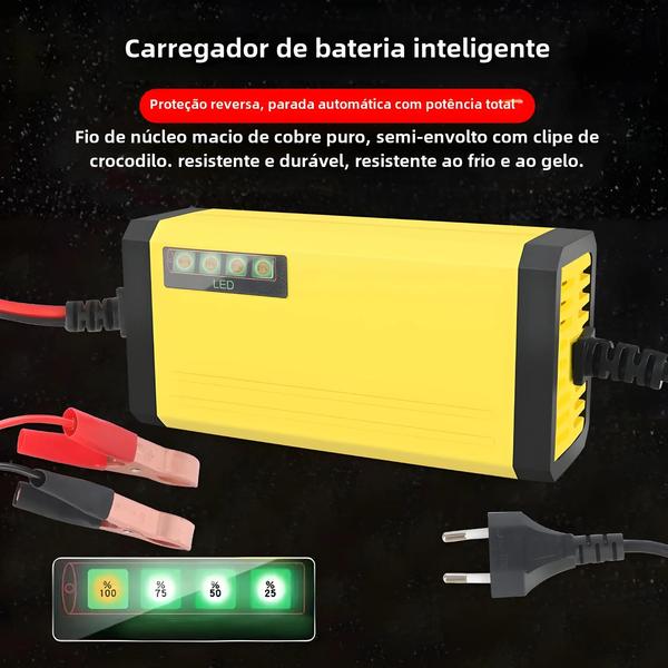 Imagem de Carregador de Bateria de Carro 12V 2A com Display LED - Para Motos, Caminhões e Baterias Chumbo-Ácido