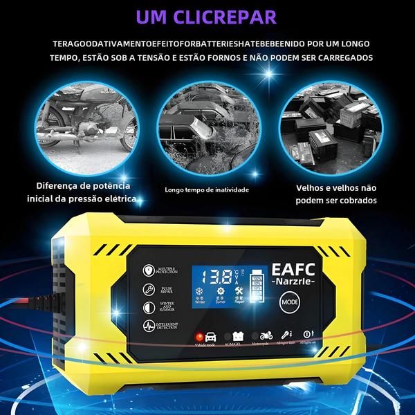 Imagem de Carregador de Bateria de Carro 12V 6A - Rápido, Inteligente e com Reparo de Pulso Digital para Motocicleta