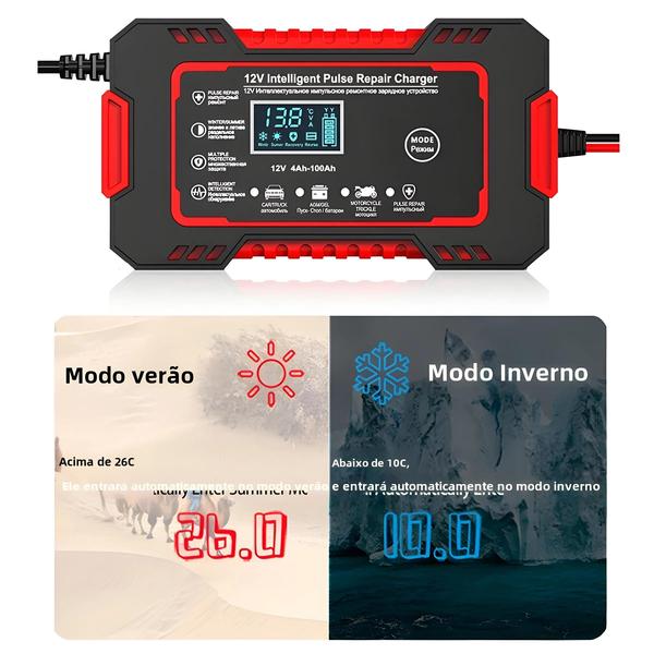 Imagem de Carregador de Bateria de Carro Inteligente 12V 6A com Tela LCD - Rápida Carga para Motos e Autos