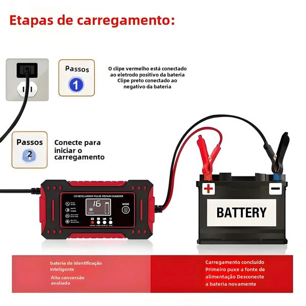 Imagem de Carregador de Bateria de Carro Inteligente 12V 6A com Tela LCD - Rápida Carga para Motos e Autos