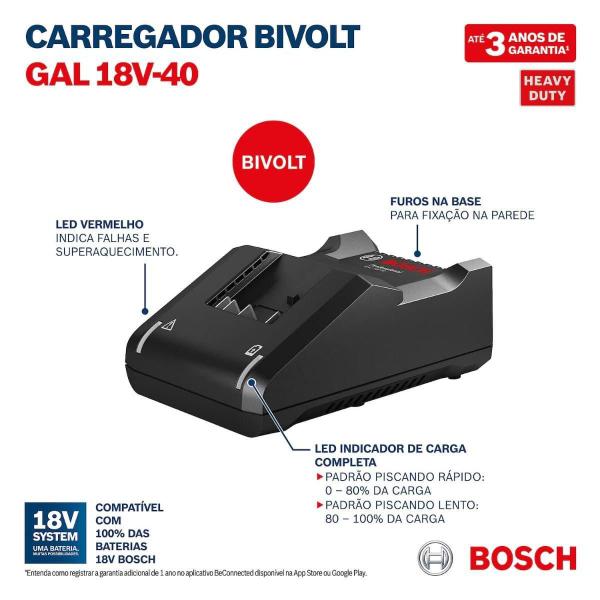 Carregador de Bateria Gal 18v-40 Bivolt BOSCH Imagem de Carregador de Bateria Gal 18v-40 Bivolt BOSCH