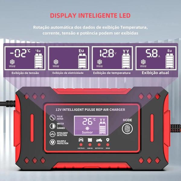 Imagem de Carregador de Bateria Inteligente 12V 6A para Carro e Motocicleta - com Display LCD