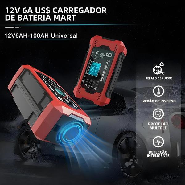 Imagem de Carregador de Bateria Inteligente 12V 6A para Moto e Carro - com Display LCD