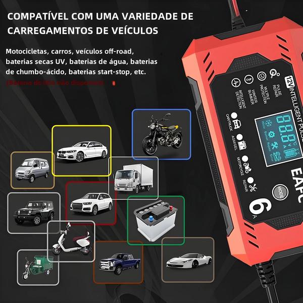 Imagem de Carregador de Bateria Inteligente 12V 6A para Moto e Carro - com Display LCD