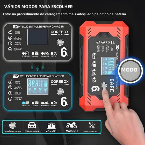 Imagem de Carregador de Bateria Inteligente 12V 6A para Moto e Carro - com Display LCD