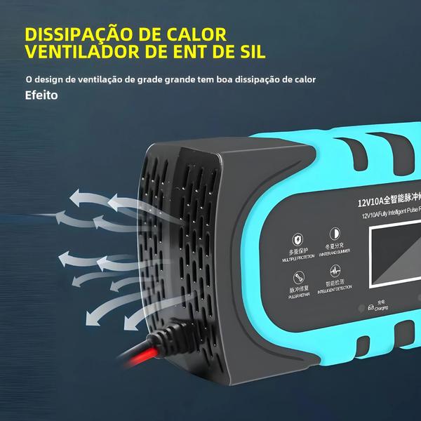 Imagem de Carregador de Bateria Inteligente 12V para Carro e Motocicleta com Display LCD e Proteção