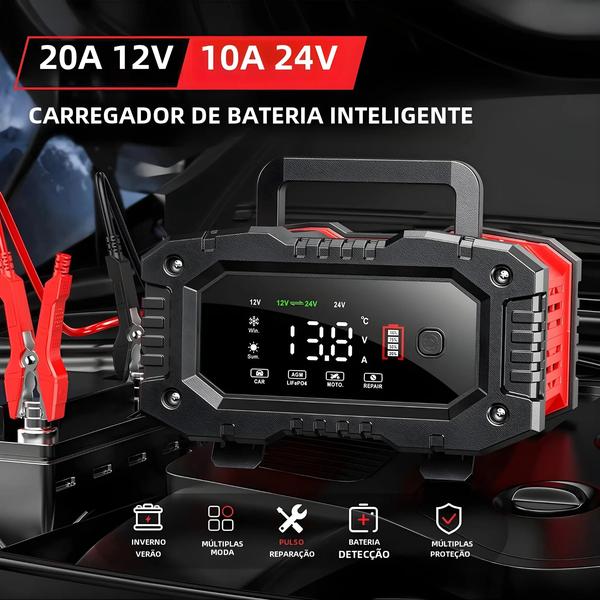 Imagem de Carregador de Bateria Inteligente FOXSUR 20A - 12V/24V para Carro e Motocicleta (Lítio, AGM, GEL)