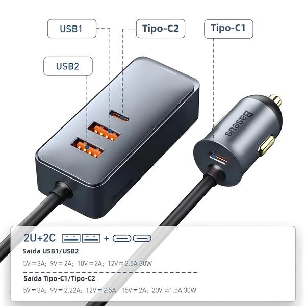 Imagem de Carregador de Carro 120W com 4 Portas - Carga Rápida QC 3.0 e PD 3.0 - USB Tipo C para iPhone 14