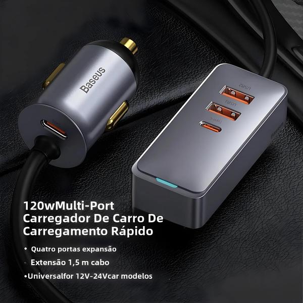 Imagem de Carregador de Carro 120W com 4 Portas - Carga Rápida QC 3.0 e PD 3.0 - USB Tipo C para iPhone 14