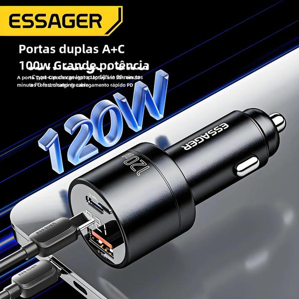 Imagem de Carregador de Carro 120W - Super Rápido com PD, QC 4.0 e USB Tipo-C