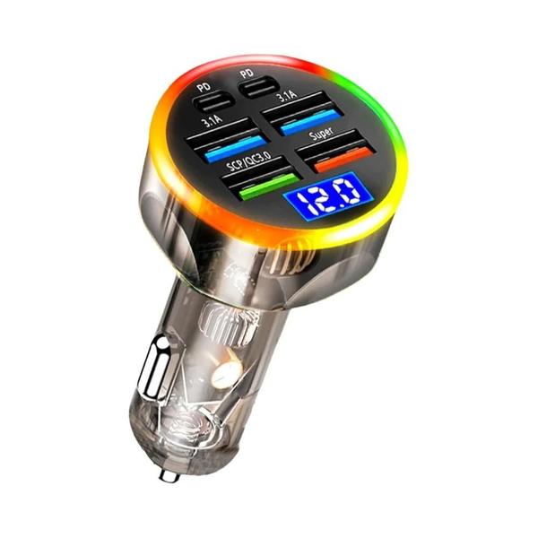 Imagem de Carregador de Carro 250W com 6 Portas USB - PD e Quick Charge 3.0 - Display Digital