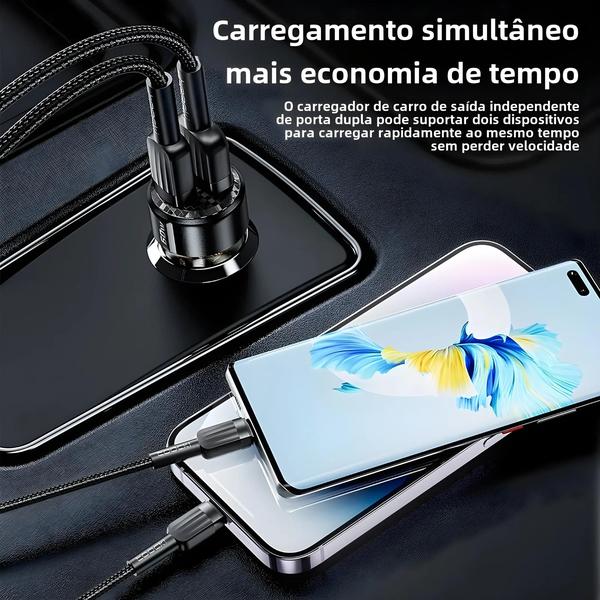 Imagem de Carregador de Carro 60W/30W/27W PD - Carga Rápida para iPhone com Capa Transparente