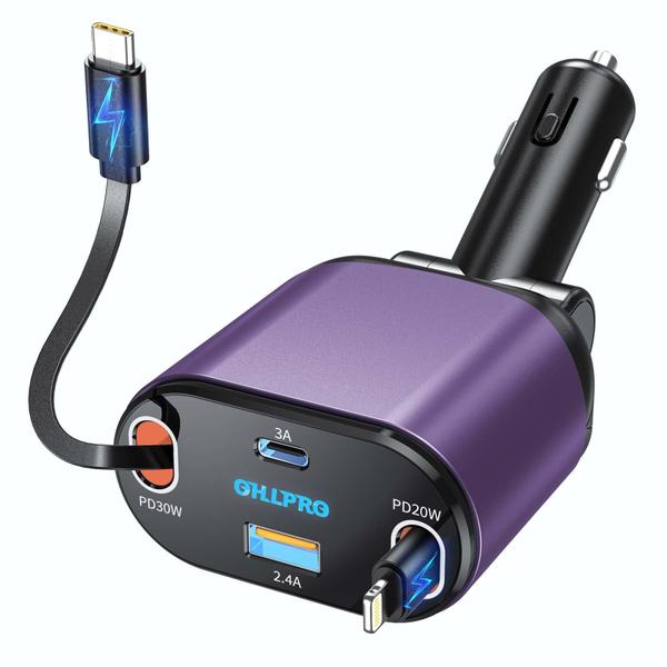 Imagem de Carregador de carro OHLPRO retrátil 80W USB C para iPhone 16 roxo