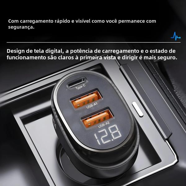 Imagem de Carregador de Carro Rápido 125W com Display Digital - USB A e C para iPhone, iPad, Macbook, Huawei e Xiaomi