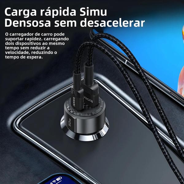 Imagem de Carregador de Carro Rápido 50W - QC/PD 3.0, USB-C e Tipo C - iPhone, Huawei, Samsung, Xiaomi e POCO