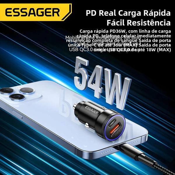 Imagem de Carregador de Carro USB 54W 5A Essager - Carga Rápida com QC 3.0 e Tipo C para Xiaomi, Poco, iPhone e Huawei