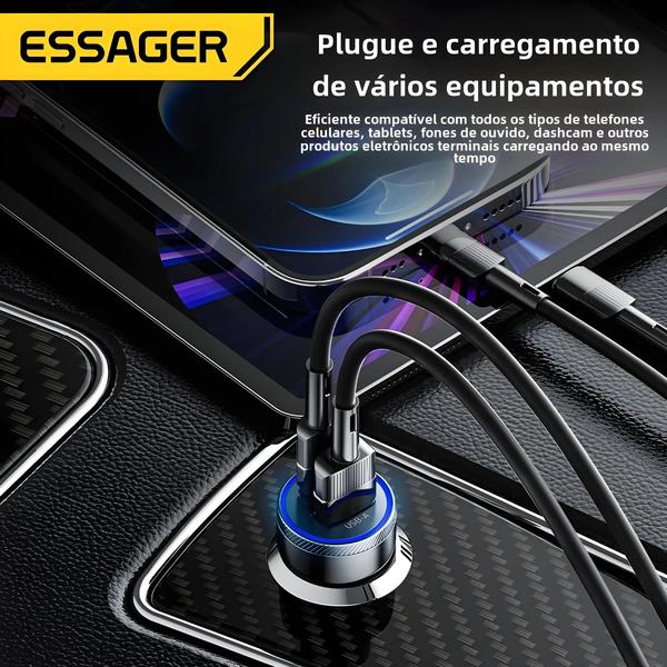 Imagem de Carregador de Carro USB 54W 5A Essager - Carga Rápida com QC 3.0 e Tipo C para Xiaomi, Poco, iPhone e Huawei