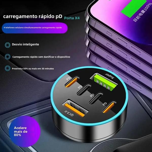 Imagem de Carregador de Carro USB 66W com Display Digital e PD - Carregamento Rápido