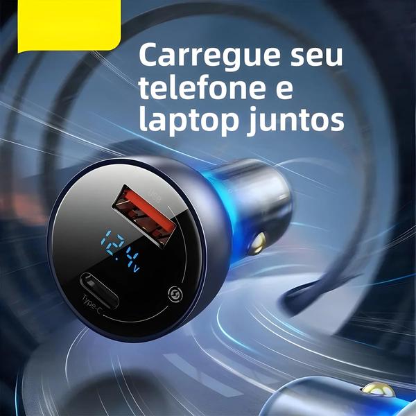 Imagem de Carregador de Carro USB-C Duplo 65W Baseus - Carregamento Rápido para Laptop e iPhone