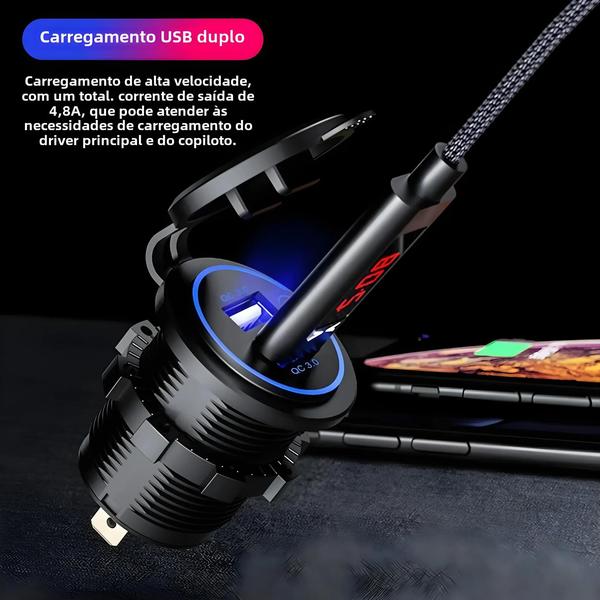 Imagem de Carregador de Carro USB Duplo com Quick Charge 3.0 - À Prova D'Água 12V/24V