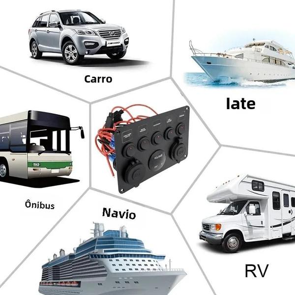 Imagem de Carregador de Carro USB Duplo com Voltímetro - 12V 4.2A - Painel com Interruptor e Tomada