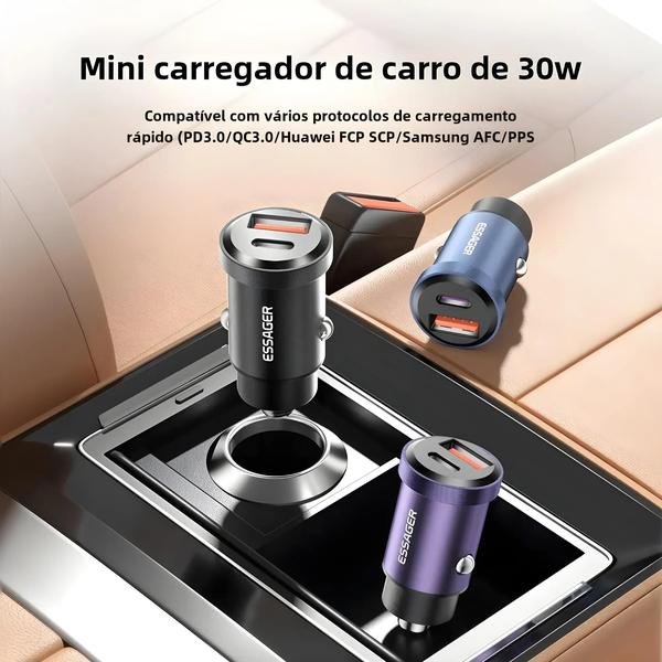 Imagem de Carregador de Carro USB Essager 30W 5A - Carga Rápida 4.0 Tipo C para iPhone e Samsung